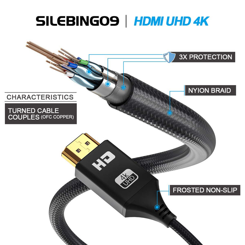 HDMI Cable,SILEBING09 Nylon Braided High Speed 4K HDMI 2.0 Cable,Support 4K/60HZ/HDR/TV/3D/2160P/1080P Compatible with Most Monitors (15FT, Black) 15FT