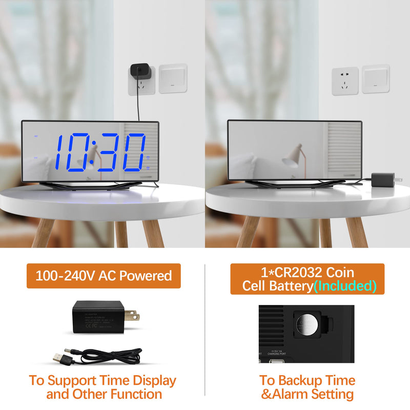 Digital Dual Alarm Clock with 2 USB Chargers for Heavy Sleepers Adults, 8.7" Large LED Display, Extra Loud Mirror Clock with Battery Backup, Easy to Set, Dimmable, Decent Alarm Clock for Bedrooms Kids Blue Digit