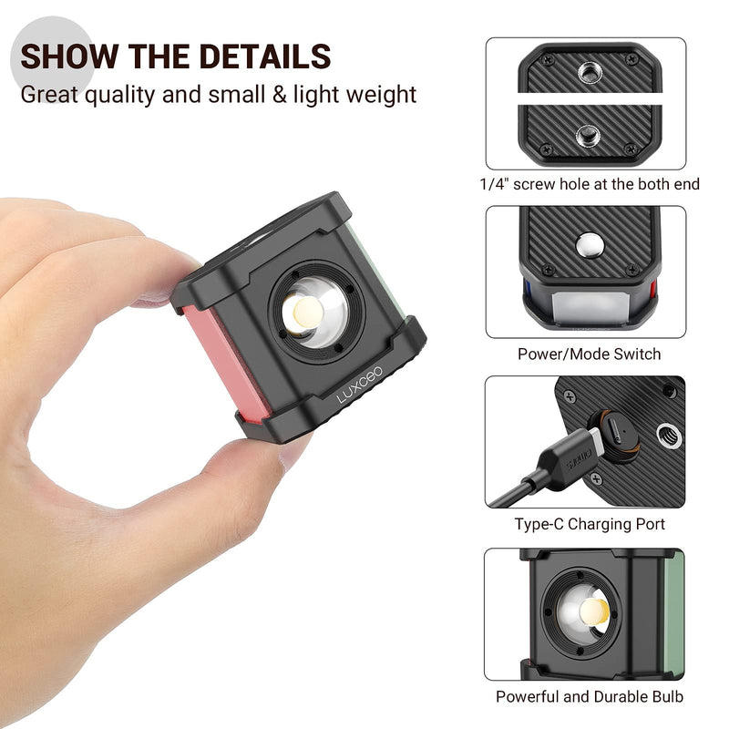 LUXCEO RGB Video Light, Waterproof IP68 LED Camera Lighting Mini Cube with 14 Color Filters & Hot Shoes, Portable Dimmable Fill Photography Light 5700K CRI95+ for Gopro DSLR Camera