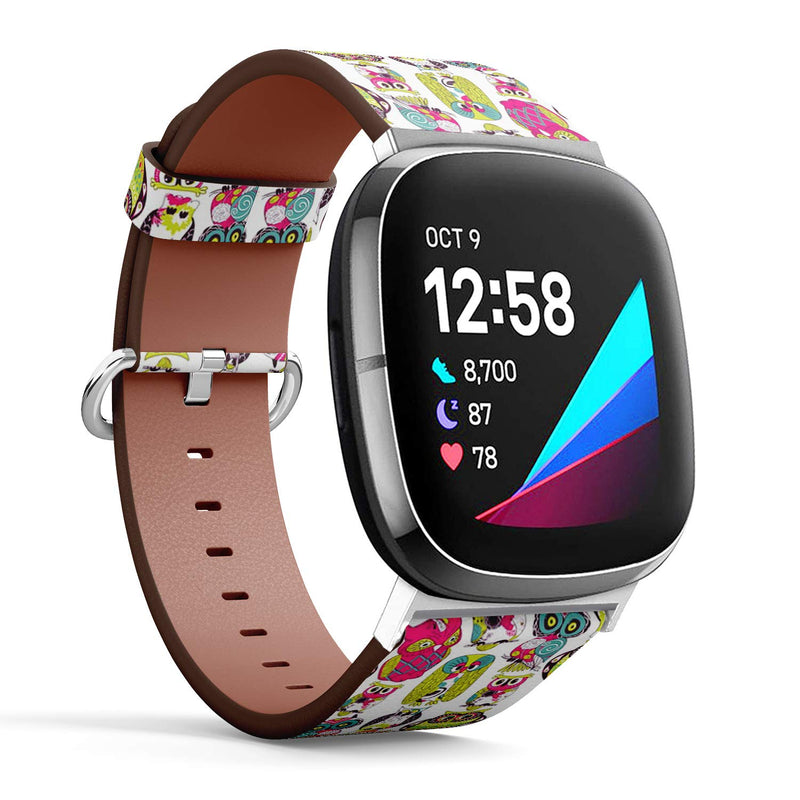 MysticBand Replacement Leather Band Compatible with Fitbit Versa 3 and Fitbit Sense, Wristband Bracelet Accessory - Colourful Owl