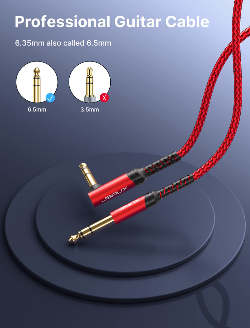 1/4 Inch Instrument Guitar Cable 10FT, JSAUX Right Angle to Straight Electric Instrument Cable, TRS 6.35mm to 6.35 mm Stereo Audio Male to Male Cord for Electric Guitar, Bass, Mandolin - Red