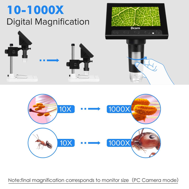 Coin Microscope, Dcorn 4.3 Inch LCD Digital Microscope with 32GB TF Card 10X-1000X Magnification Video Camera Handheld Microscope for Coin Observation/PCB Soldering, Windows Compatible