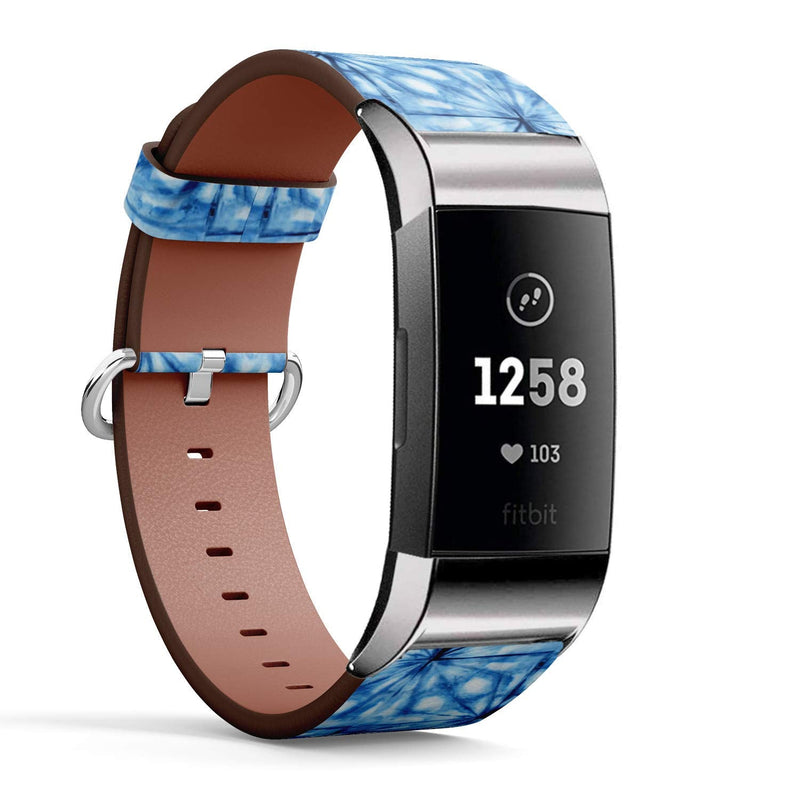 Compatible with Fitbit Charge 4 / Charge 3 / Charge 3 SE - Leather Watch Wrist Band Strap Bracelet with Stainless Steel Adapters (Tiedye Indigo Color)