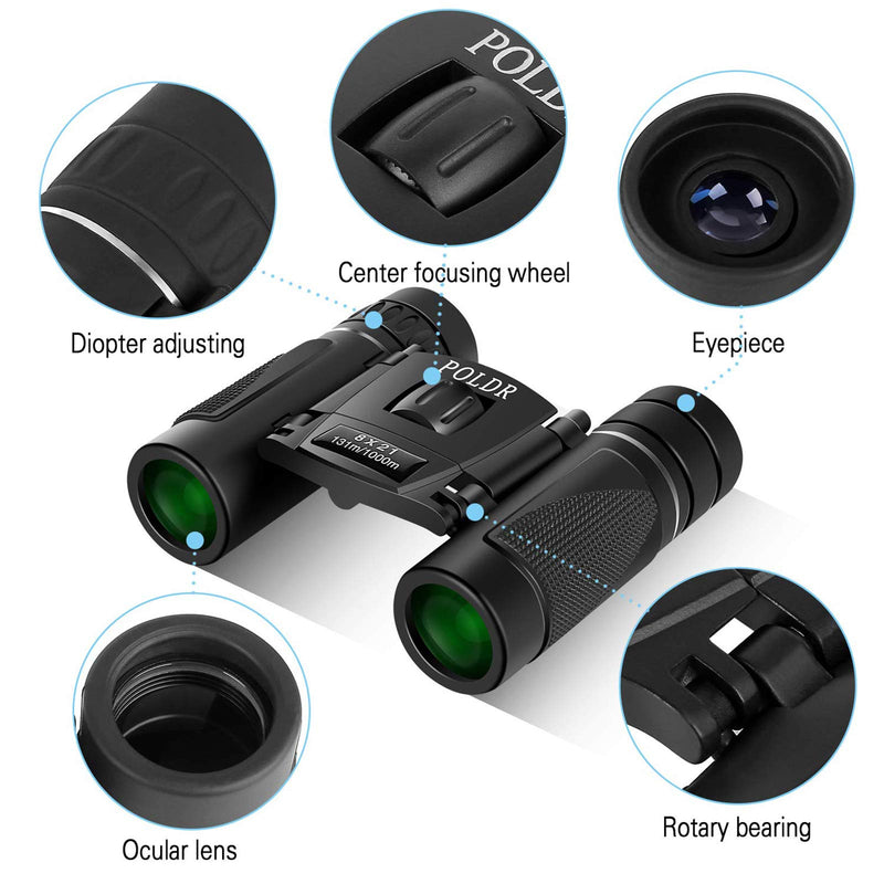POLDR 8x21 Small Compact Lightweight Binoculars for Adults Kids Bird Watching Traveling Sightseeing.Mini Pocket Folding Binoculars for Concert Theater Opera Black