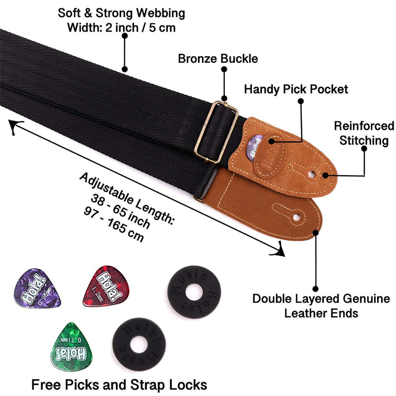 Guitar Strap for Acoustic, Electric and Bass Guitars, Straps Fits also Mandolins and Ukuleles by Hola! Music, Pro Series with Genuine Leather Ends, Pick Pocket, 3 Picks and 2 Strap Locks - Black