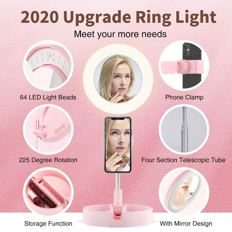 6.5" Portable Selfie Ring Light with Stand and Phone Holder as Desk Lamp/ Table Lamp, LED Makeup Ring Light with Mirror, 3 Color Modes and 10 Brightness for Traval/Live Stream/Video Recording(Pink)
