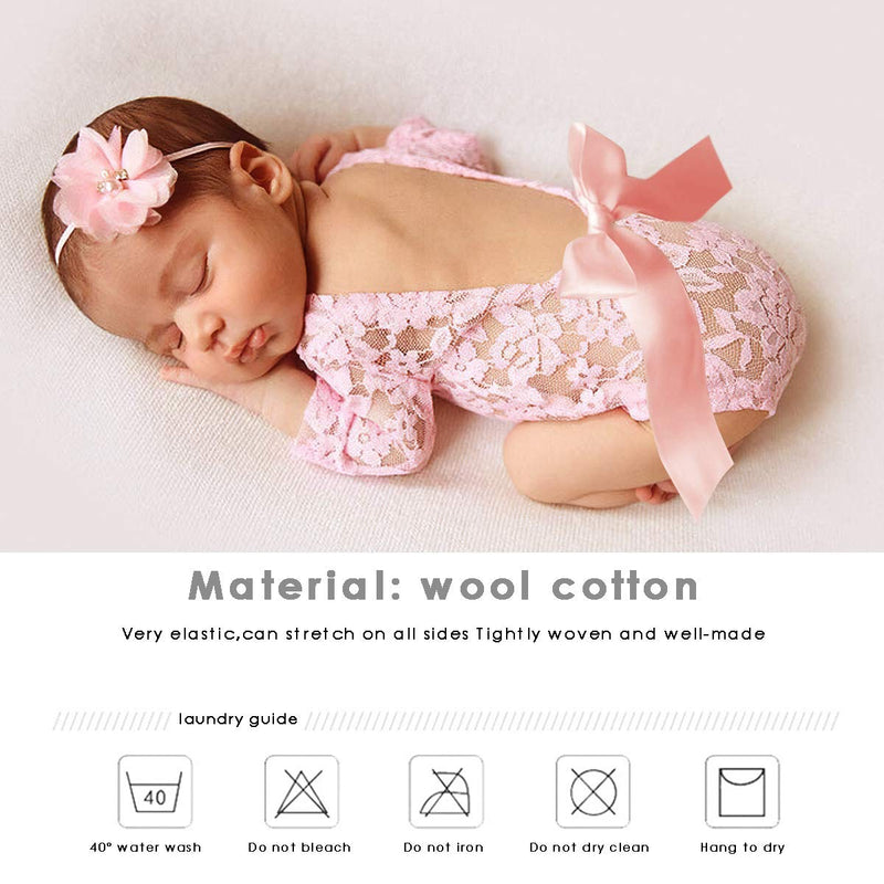 Eurobuy Newborn Photography Props, 2Pcs/Set Baby Girl Cute Vest Lace Photography Props Romper with Headband and Ribbon Bow Bodysuits Monthly Photo Shoot Outfits Pink