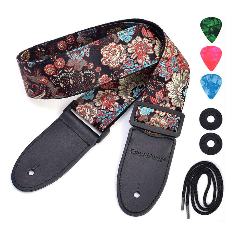 CLOUDMUSIC Guitar Strap For Acoustic Electric Embroidered Jacquard Vintage Floral Patterns(Blooming Flowers In Black) Blooming Flowers In Black