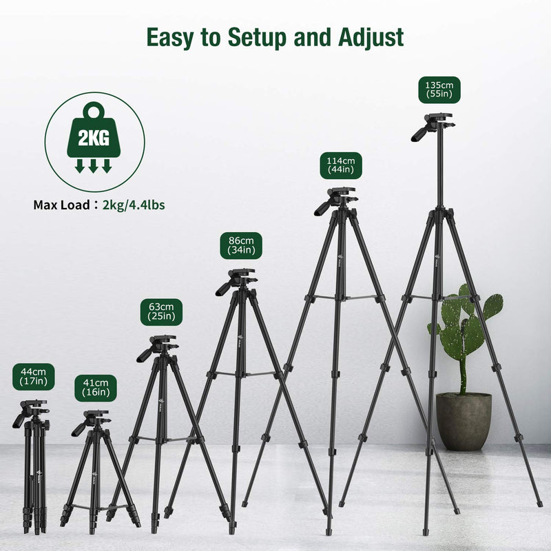 Cell Phone Tripod 55", Lightweight Aluminum Travel/Camera Tripod Stand with Bluetooth Remote, Carry Bag for TIK Tok/Photography/Live Stream/YouTube Video, Compatible with iOS and Android