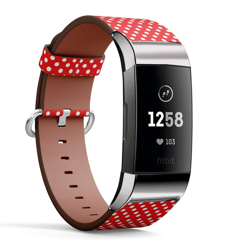 Compatible with Fitbit Charge 4 / Charge 3 / Charge 3 SE - Leather Watch Wrist Band Strap Bracelet with Stainless Steel Adapters (White Polka Dot Red)