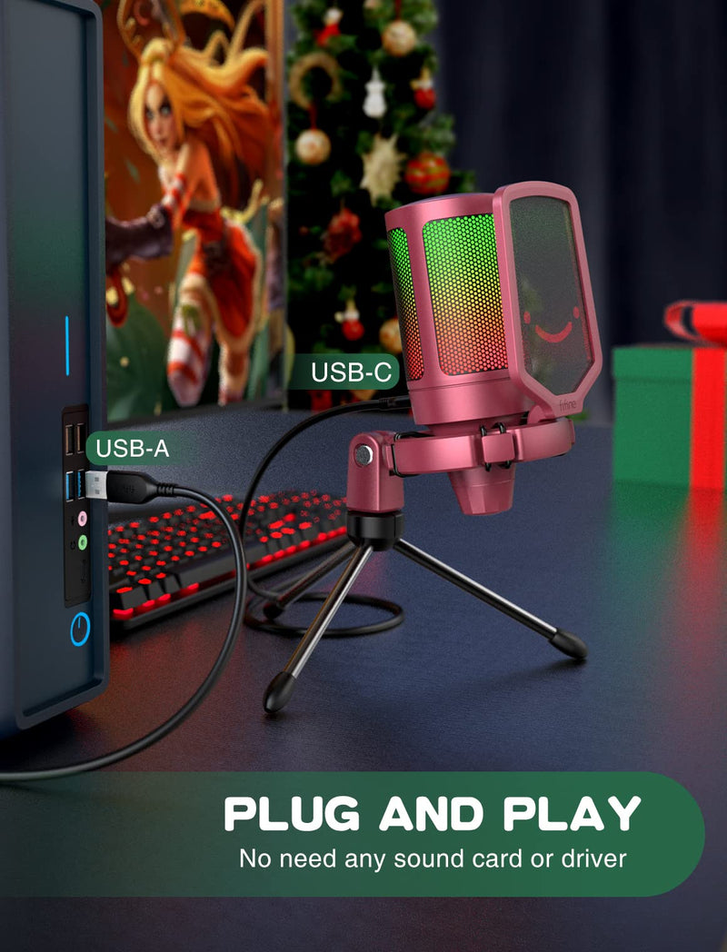 FIFINE AmpliGame PC Gaming Streaming USB Microphone, RGB Desktop Microphone for Computer/Mac/PS4/PS5, Podcast, Recording, TikTok, Game Chat, Condenser Mic with Pop Filter, Shock Mount - Red