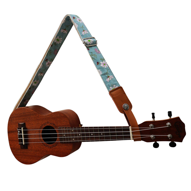 [AUSTRALIA] - MUSIC FIRST Original Design Vintage Blue “Daisy” Soft Cotton & Genuine Leather Ukulele Strap Ukulele Shoulder Strap With a MUSIC FIRST Genuine Leather Strap Locker 