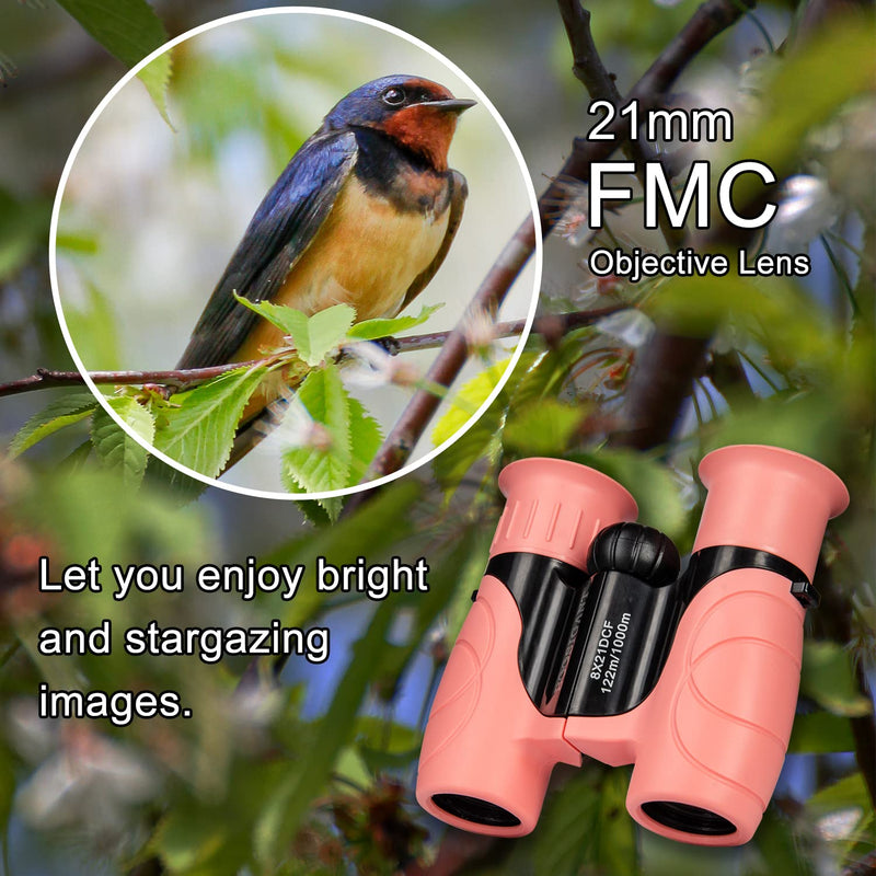 Boosigant Compact Binoculars for Kids 8x21, Gift for 3-12 Years Boys & Girls High-Resolution Shockproof Mini Kids Binoculars for Bird Watching, Hiking, Camping, Travel Pink 302 8x21 Pink
