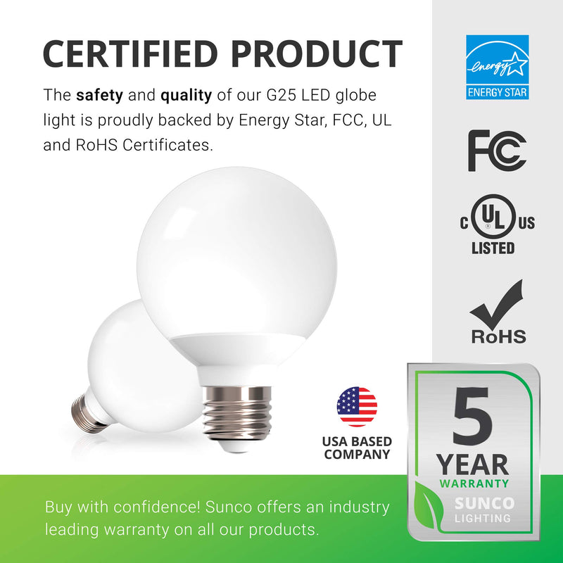 Sunco Lighting 6 Pack G25 LED Globe, 6W=40W, Dimmable, 450 LM, 4000K Cool White, E26 Base, Ideal for Bathroom Vanity or Mirror - UL & Energy Star