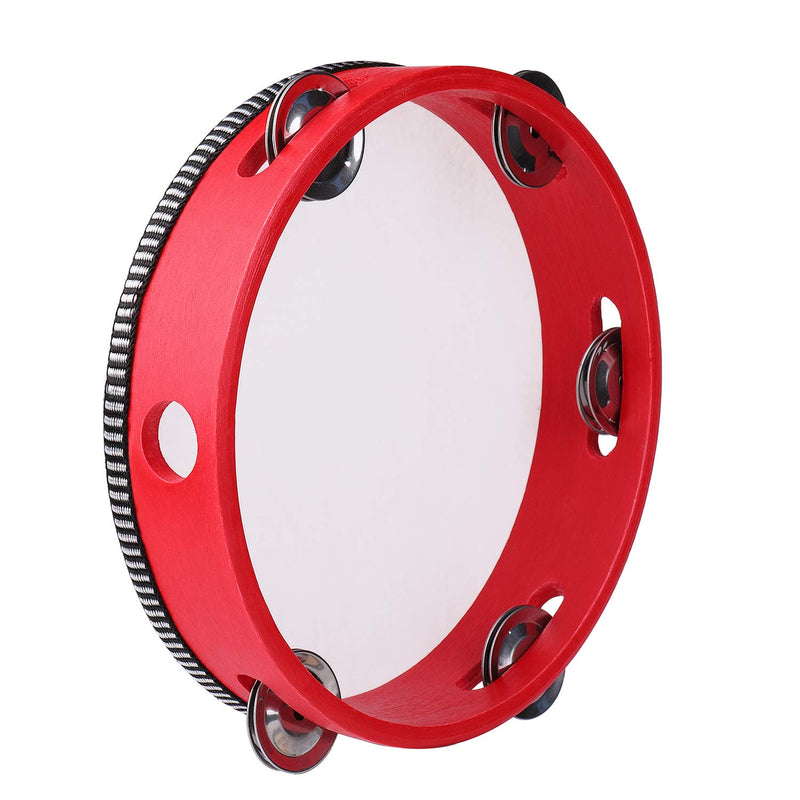 Flexzion Wood Handheld Tambourine 8" Inch Single Row 5 Pair Jingles (Red) - Hand Held Percussion Drum Moon Musical Tambourine with Ergonomic Handle Grip for Kids Adults Classroom Gift KTV Party 8 Inch Single Row - Red