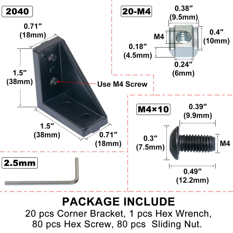 CheeMuii 2040 Corner Bracket Kit,20pcs Corner Brackets 80pcs Hexagon Socket Screw 80pcs Slide Nuts and 1pcs Hex Wrenchs for Slot 6mm 20s Aluminum Extrusion Profile Rail Accessories 20sets Black