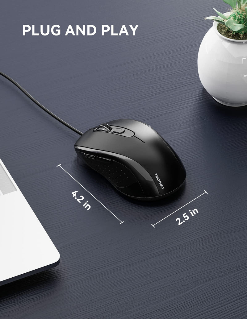 TECKNET Wired Mouse, USB Wired Computer Mouse, 3600DPI 4 Adjustable Levels, 6-Button Ergonomic Mice, Home and Office Mouse for Laptop PC Desktop Notebook - Black