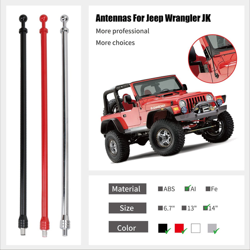 for 2007-2017 Jeep Wrangler JK Aluminium 14" Antenna - AM FM Radio Car Antenna Replacement,Red