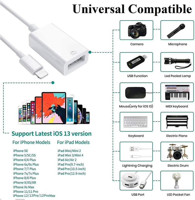 [Apple MFi Certified] Lightning to USB Camera Adapter for iPhone iPad, USB 3.0 OTG Data Sync Cable Adapter Compatible with iPhone 12 11 XS XR X 8 7 iPad to Card Reader Keyboard Mouse USB Flash Drive