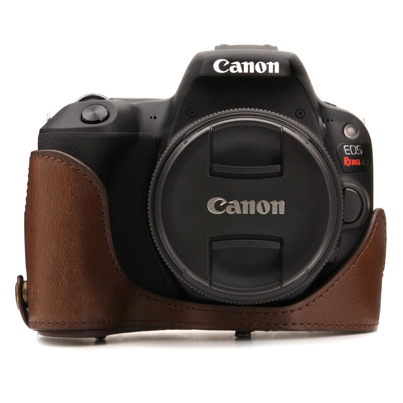 MegaGear Ever Ready Leather Camera Case Compatible with Canon EOS Rebel SL3, Kiss X10, Rebel SL2, Kiss X9 18-55mm Lens Dark Brown