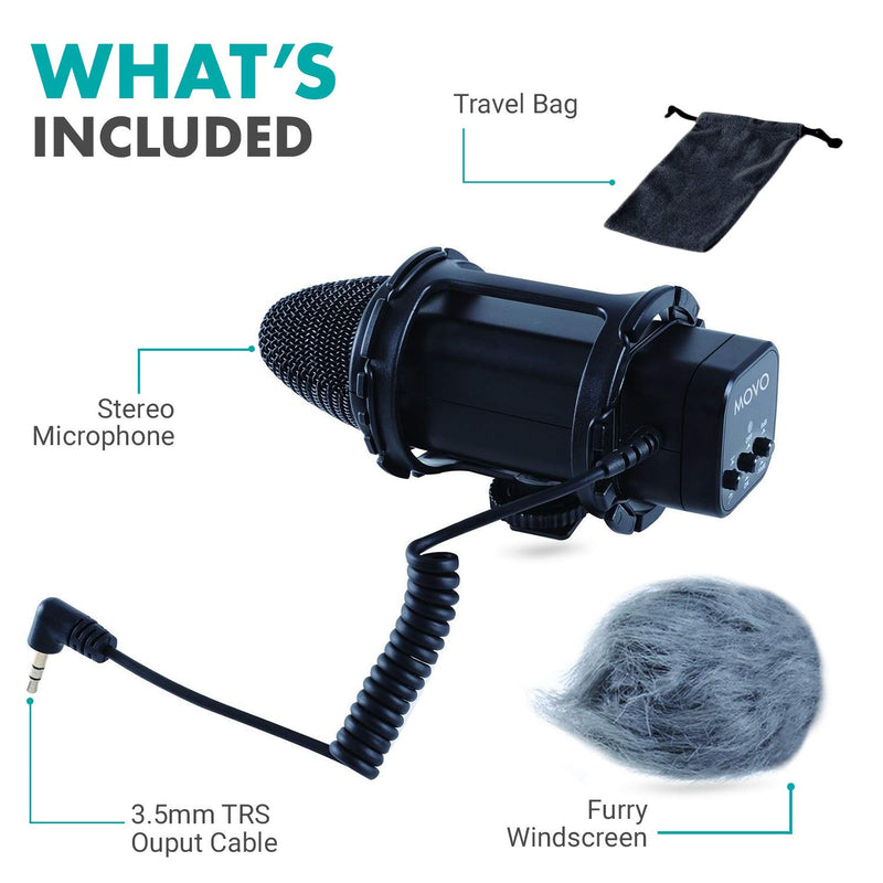 Movo VXR300 X/Y Stereo Condenser Video Microphone with -10dB Attenuation, Low-Cut Filter, Deadcat Windsceen & Case - Compatible with DSLR Cameras & Camcorders