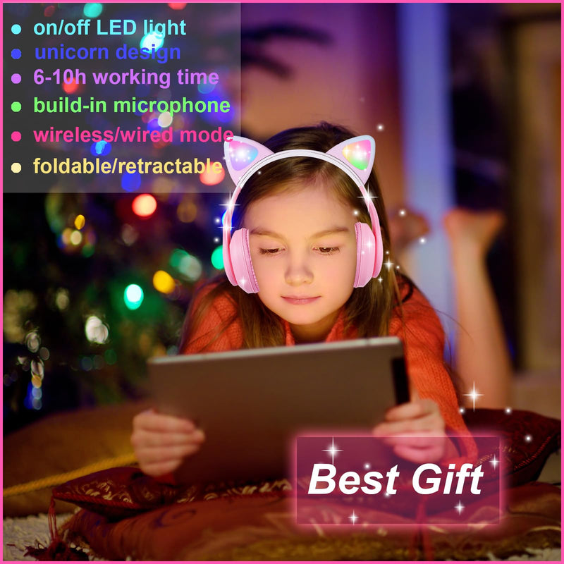 HOYJACY Cat Ear Kids Bluetooth Headphones for Girls Children Teens, LED Light Up Wireless/Wired Mode Foldable Stereo Girls Headphones with Built-in Mic for School Birthday Xmas Gift (Pink) Pink