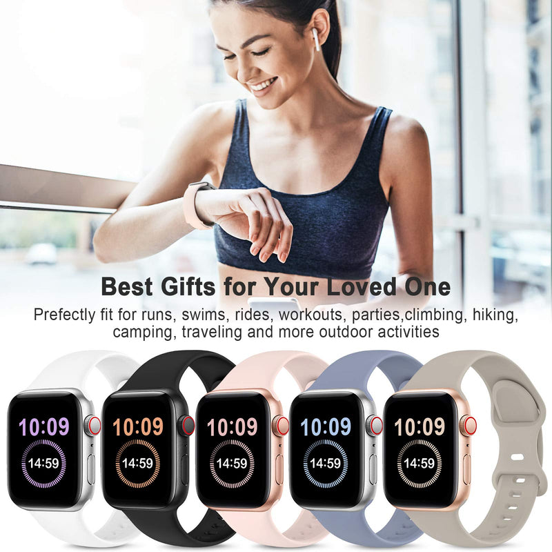 5 Pack Bands Compatible with Apple Watch Band 38mm 40mm 42mm 44mm, Soft Silicone Sport Replacement Strap Compatible with iWatch Series 6 5 4 3 2 1 SE Women Black/White/Stone/Pink Sand/Lavender Gray 38mm/40mm S/M
