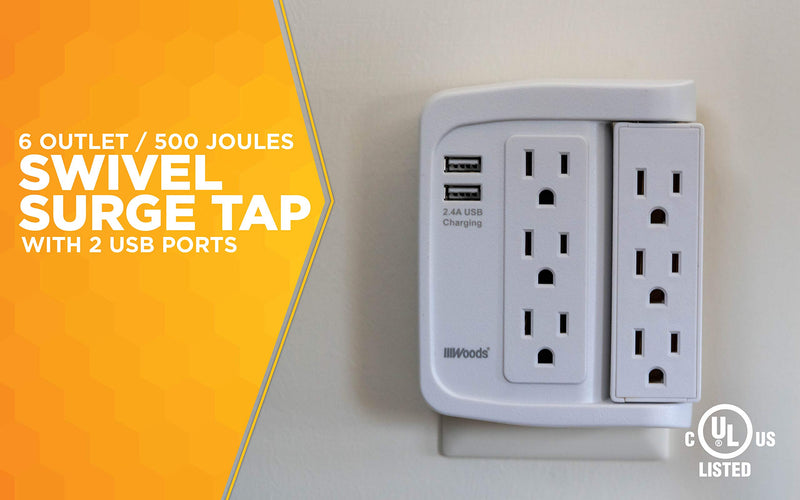 Woods 41424 6 Space Saver Swivel Wall Tap, 3 Rotating Outlets and 2 USB Ports, 500J and 2.4A, White 6 Outlets with 2 USB Ports