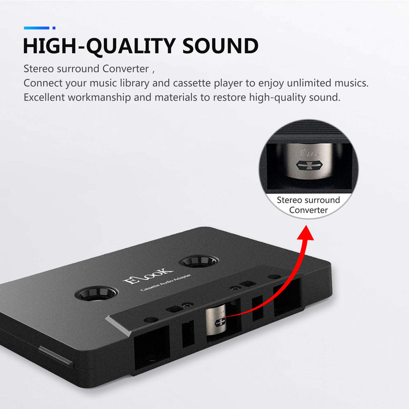 Elook Car Cassette Aux Adapter, 3.5mm Universal Audio Cable Tape Adapter for Car, Phone, MP3 ect. Black