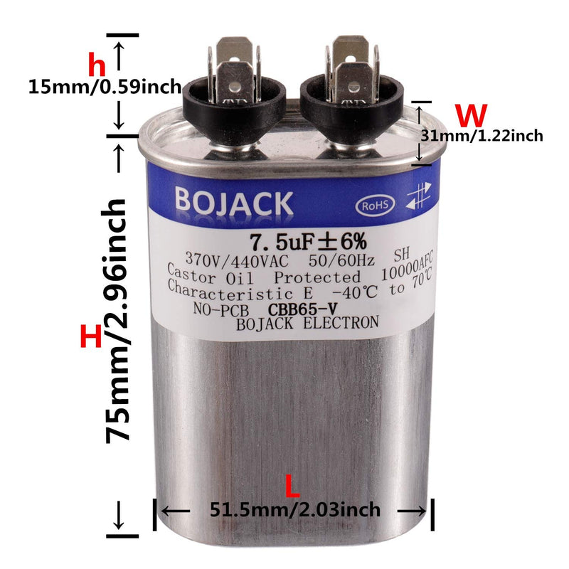 BOJACK 7.5 uF ±6% 7.5 MFD 370V/440V CBB65 Oval Run Start Capacitor for AC Motor Run or Fan Start and Cool or Heat Pump Air Conditione