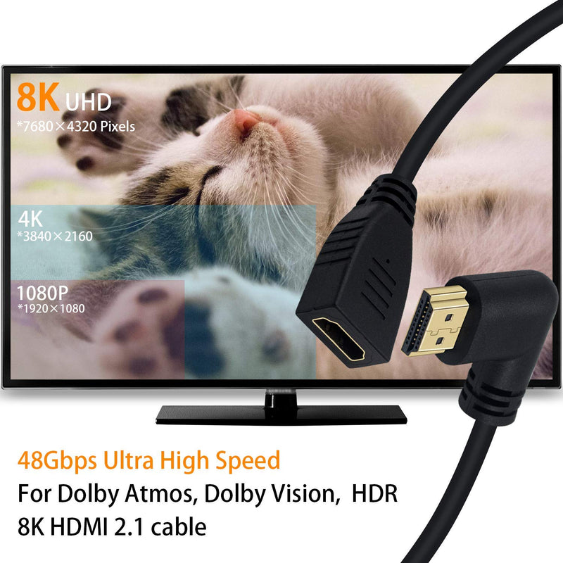 Poyiccot 8K HDMI Extension Cable, Left Angle HDMI 2.1 Cable 90 Degree 8K HDMI Male to Female HDMI 2.1 Cable 48Gbps High Speed 8K 60Hz, 4K 120Hz, 3D Ultra HDR HDMI Extension Cable 2feet(M/F Left) Left Angle 8K HDMI 2.1 Cable