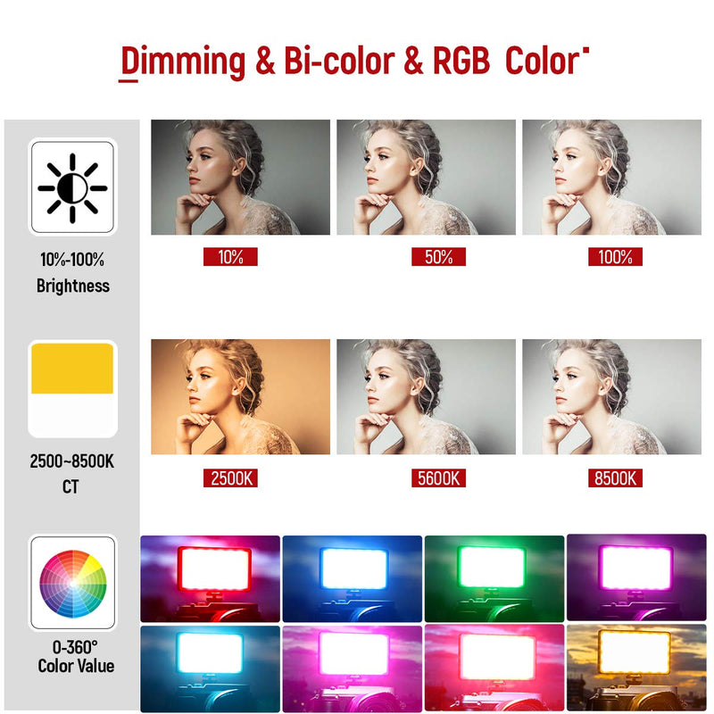 RGB LED Video Light, Portable Built-in Rechargeable Battery LED On Camera Light with Dimmable 2500-8500K 360° Full Color 20 Light Effects Aluminum Alloy Shell for Photography Camcorder Shooting