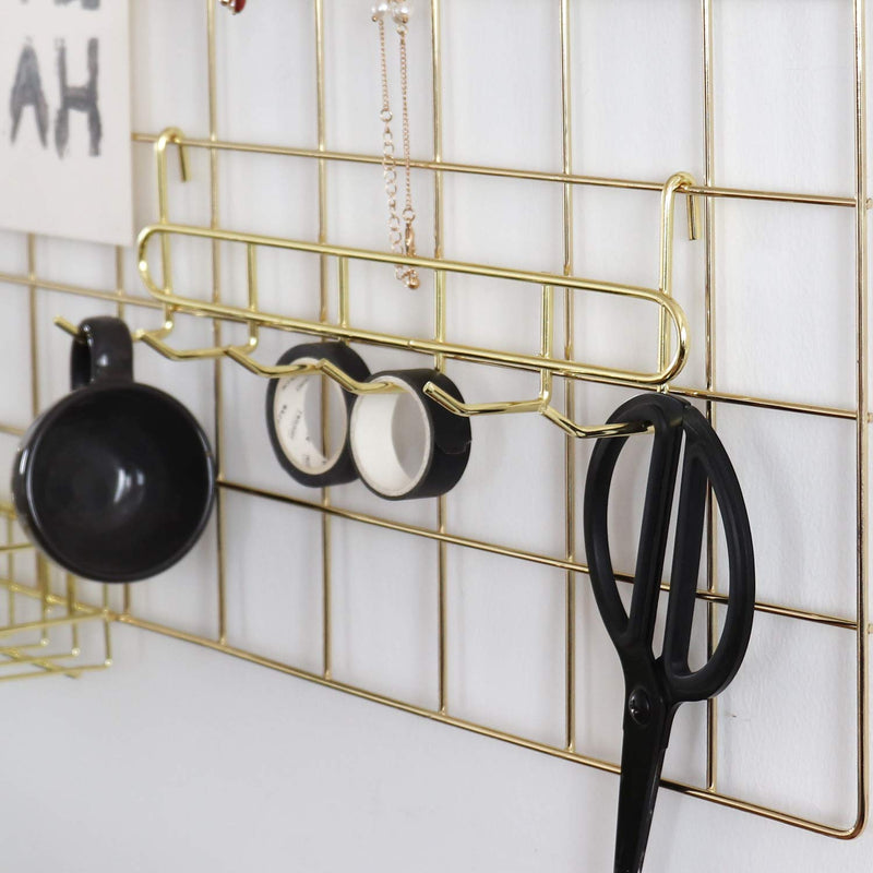 FRIADE Gold Grid Hooks Rack for Wall Grid Panel,Hanging Hooks for Wall Grid Storage and Display，Size 10.7”x 2.8”x1.8 ”，2 Pack