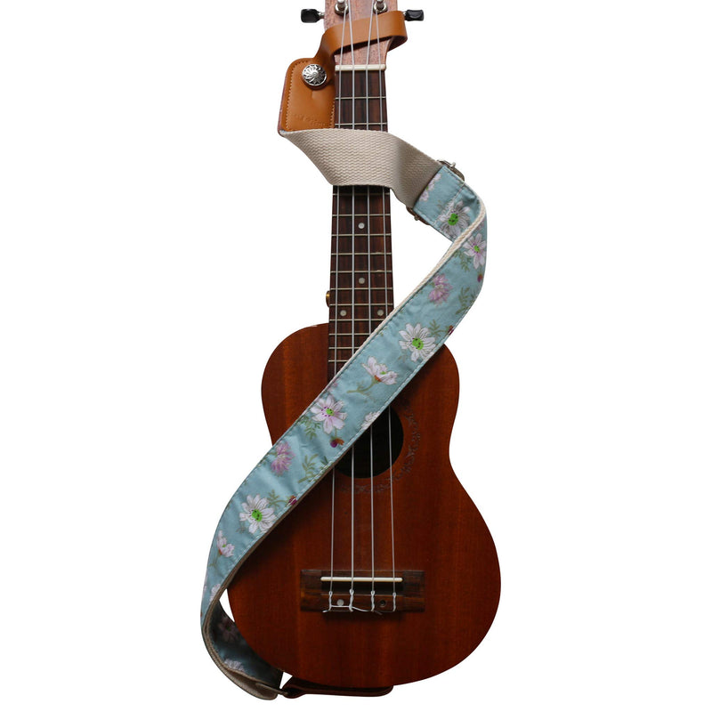[AUSTRALIA] - MUSIC FIRST Original Design Vintage Blue “Daisy” Soft Cotton & Genuine Leather Ukulele Strap Ukulele Shoulder Strap With a MUSIC FIRST Genuine Leather Strap Locker 