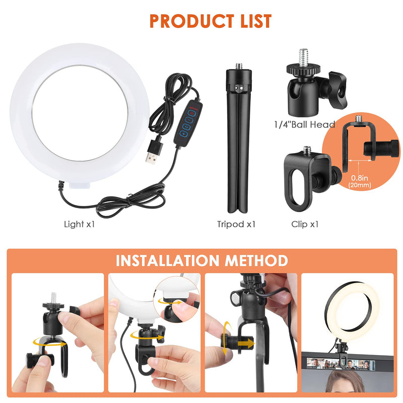 6" Ring Light Clip On, Video Conference Lighting, Laptop Light for Computer, Webcam Lighting, Zoom, Selfie, Remote Working, Distance Learning, YouTube, TikTok 6inch