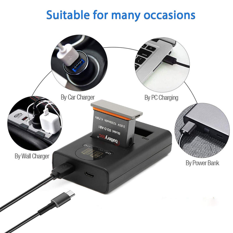 Batterytec Replacement Action Camera Battery and LED Dual Charger Kit for DJI OSMO Action AB1. Rechargeable.