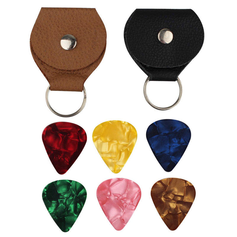 Futheda 2 Pieces Leather Plectrum Holder Case Keyring and 6 Pieces Doubled Sided Colorful Celluloid Material Guitar Picks Plectrums for Electric, Acoustic, or Bass Guitar 0.96mm