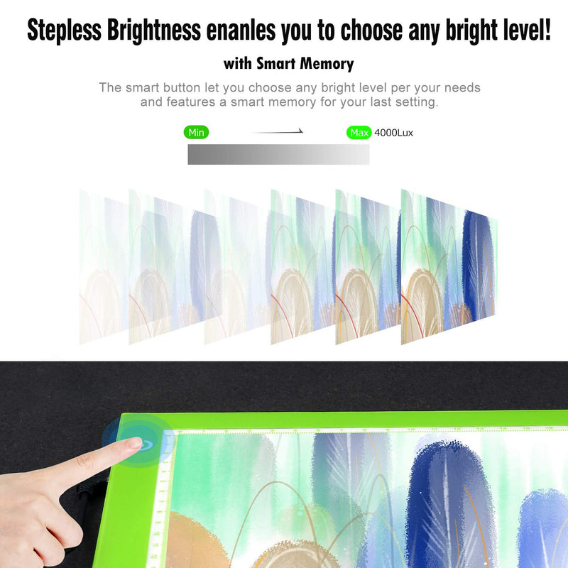 Green A4 Dimmable LED Artcraft Light Box Tracer Slim Light Pad Portable Tablet, USB Power Cable Copy Drawing Board Tracing Table for Artists Designing, Animation, Sketching, Stenciling X-ray Viewing Green