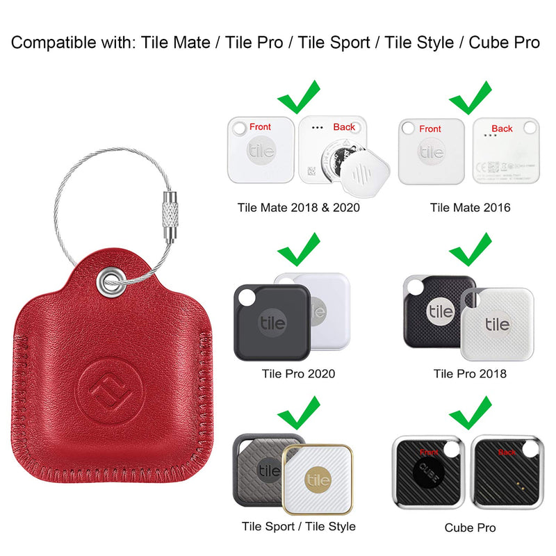 Fintie Genuine Leather Case for Tile Mate/Tile Pro/Tile Sport/Tile Style/Cube Pro Key Finder Phone Finder, Anti-Scratch Protective Skin Cover with Keychain, Red