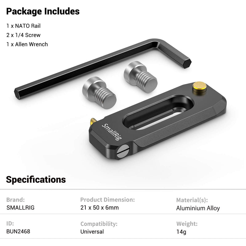SMALLRIG Universal Low-Profile Quick Release NATO Rail Safety Rail 50mm/2inches Long with 1/4'' Screws for NATO Handle Camera Cage EVF Mount – BUN2468 50 mm