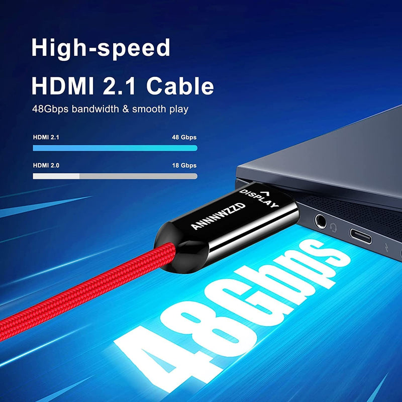 ANNNWZZD 8K HDMI Fiber Optic Cable,8K@60Hz Fiber HDMI 2.1 Braided Cord，Supports 8K@60Hz 4K@120Hz, 48Gbps Dynamic HDR 10, eARC, HDCP2.2, 4:4:4 （Red Braided) (50FT/15M) 50FT/15M