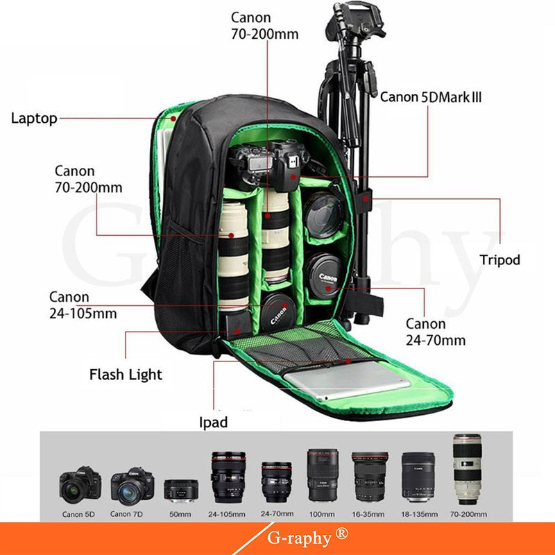G-raphy Camera Backpack DSLR SLR Backpack Waterproof with Laptop Compartment/Tripod Holder for Hiking /Travel / etc (Green) Green