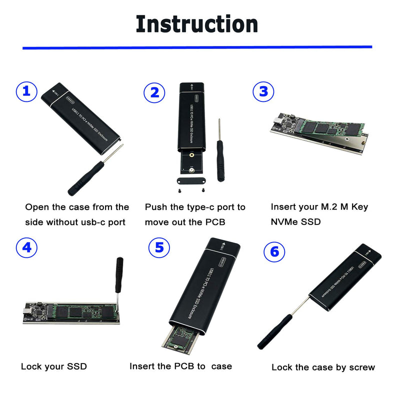 HWAYO USB 3.1 Portable NVMe SSD Enclosure Case for M.2 M Key NVMe SSD, Black