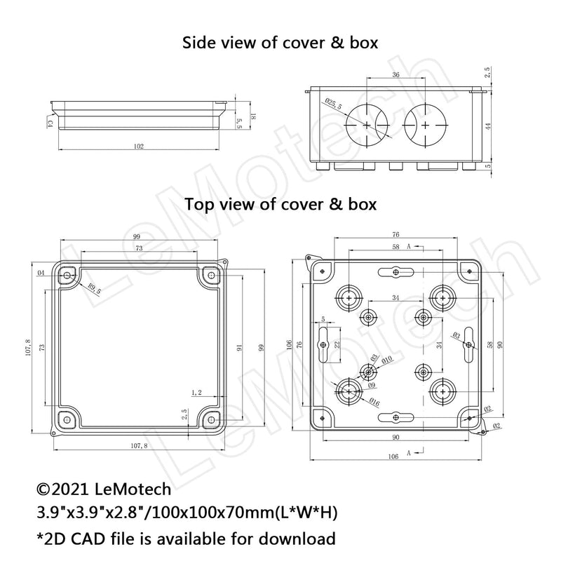 LeMotech ABS Plastic Dustproof Waterproof IP65 Junction Box Universal Electrical Project Enclosure White 3.9 x 3.9 x 2.8 inch (100 x 100 x 70 mm) 3.9" x 3.9" x 2.8"