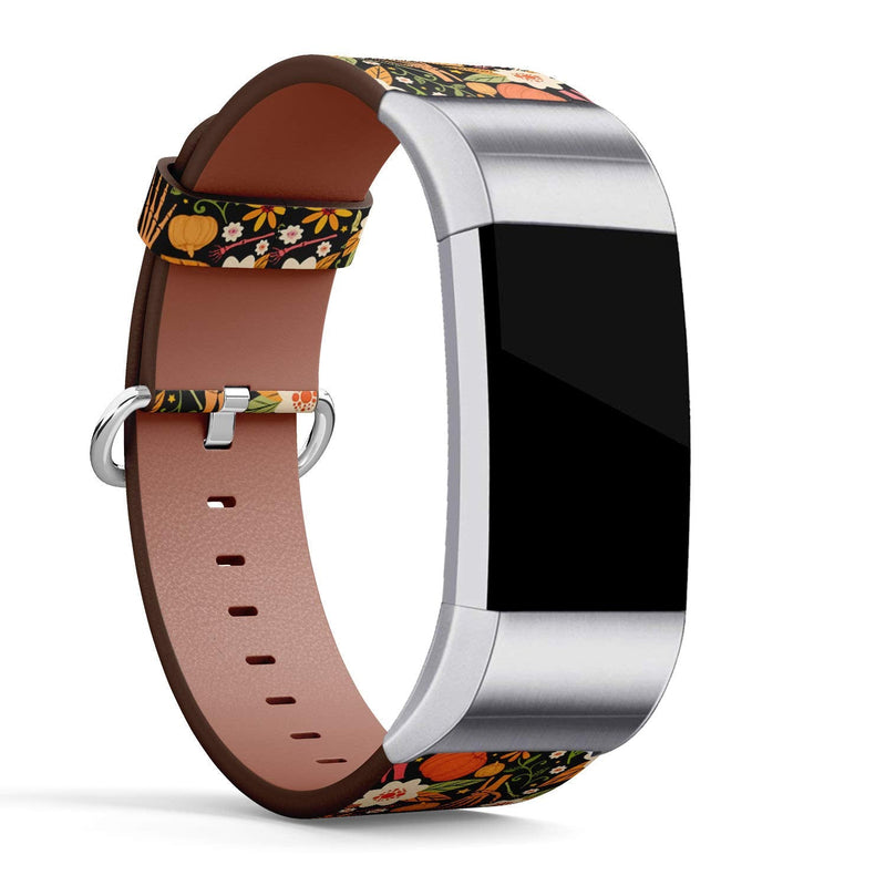 Compatible with Fitbit Charge 2 - Leather Watch Wrist Band Strap Bracelet with Stainless Steel Clasp and Adapters (Halloween Bones Floral)
