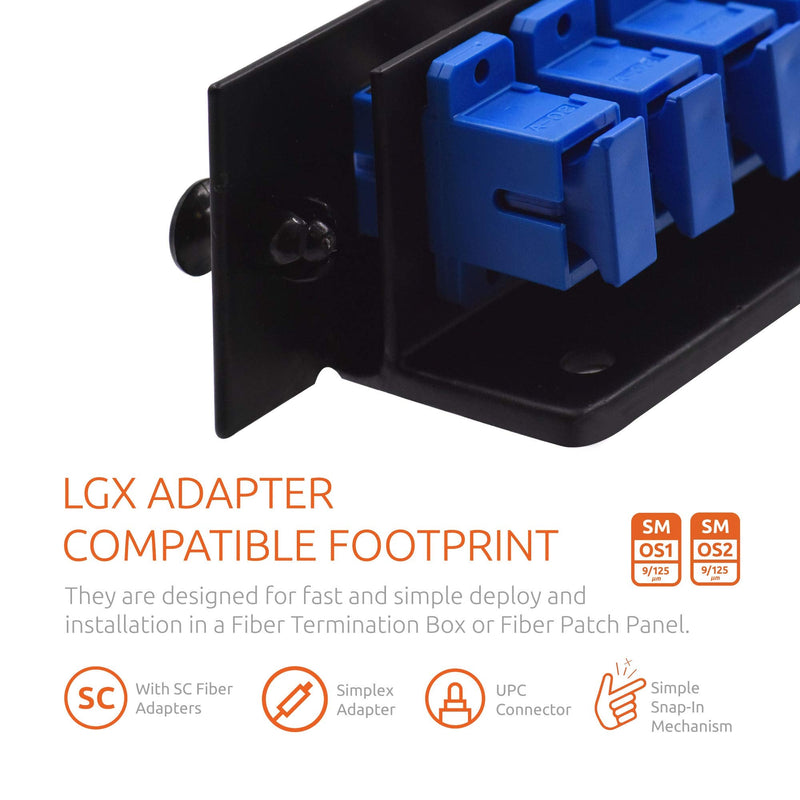 SC Fiber Adapter Panel Enclosure LGX Footprint UPC, Loaded w/8 SC Simplex OS1/OS2 Singlemode Blue - Beyondtech Single Mode Series 8 Simplex Adapters SC/UPC OS1/OS2