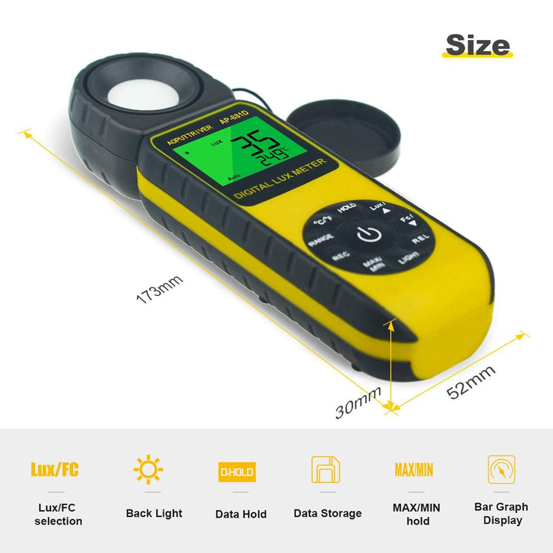 [AUSTRALIA] - Light Meters 881D Digital Illuminance Meter Ambient Temperature Measurer with Range up to 400,000 Lux Luxmeter, Rotatable Head for 270 Degrees, Display 3999, Data Hold, Back Light, Data storag AP881D(0.01~400,000 Lux) 