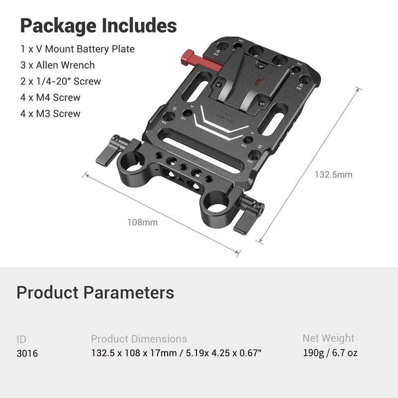 SMALLRIG V-Lock Mount Battery Plate with Dual 15mm Rod Clamp - 3016