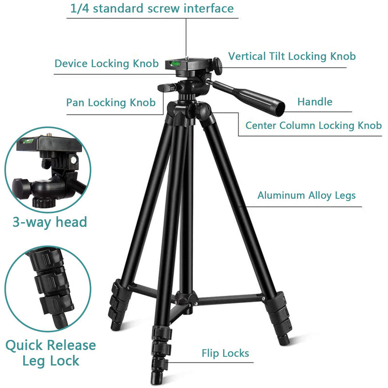 LINKCOOL Phone Tripod 50" Adjustable Travel Video Tripod Stand with Phone Mount Holder Compatible with Cell Phone Tripod, Action Camera Tripod, DSLR Tripod with Wireless Remote Shutter (Black) T50