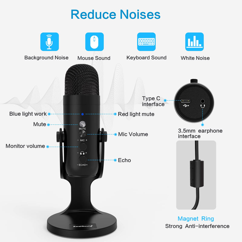 [AUSTRALIA] - ZealSound USB Microphone,Condenser Computer PC Mic,Plug&Play Gaming Microphones for PS 4&5.Headphone Output&Volume Control,Mic Gain Control,Mute Button for Vocal,YouTube Podcast on Mac&Windows(Black) 